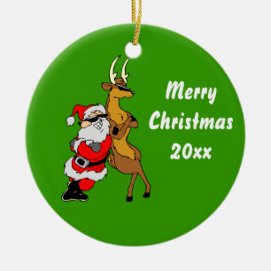 Koele Kerstman en rendier met zonnebril Keramisch Ornament