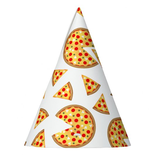 Koele leuke pizza en plakjes patroon op wit feesthoedjes (Links)