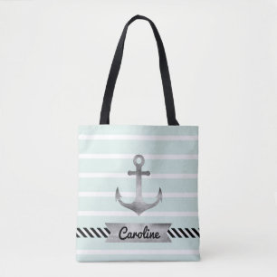 Koele Mint Strepen Waterverf Anker Gepersonaliseer Draagtas