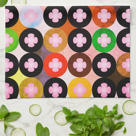 Koele multi gekleurde cirkels & roze klavers theedoek (Gevouwen)