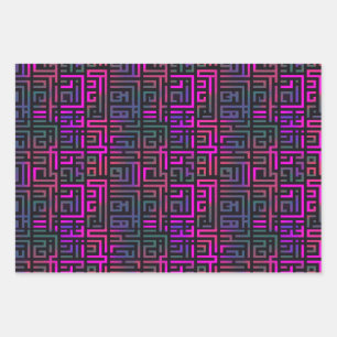 Koele Paarse Groene Raster Maze Line Pattern Inpakpapier Vel