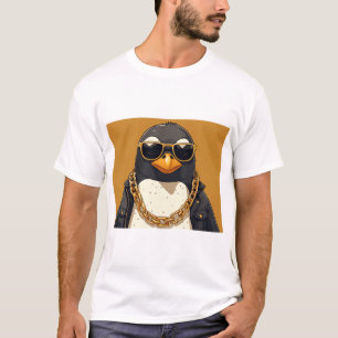 Koele pinguïn, jas en zonnebril met achtergrond t-shirt