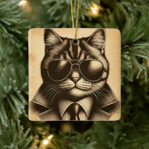 Koele Retro Kat in Aviator Zonnebril Kerstmis Keramisch Ornament
