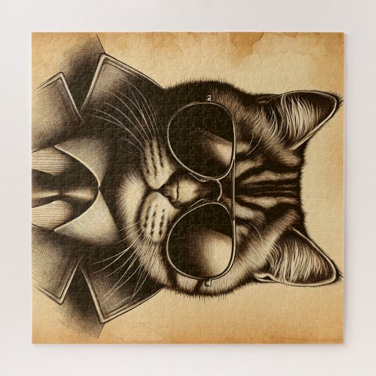 Koele Retro Kat in Aviator Zonnebril, Sepia Legpuzzel (Horizontaal)