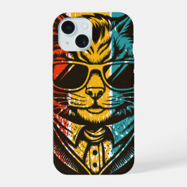 Koele Retro Kat met Zonnebril iPhone 15 Hoesje
