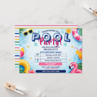 Koele vent zwembadfeest verjaardagsuitnodiging kaart