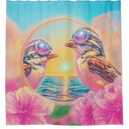 Koele vogels met zonnebril bij zonsondergang douchegordijn