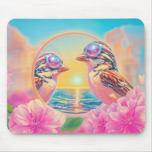 Koele vogels met zonnebril bij zonsondergang muismat