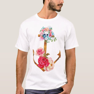 Koele Waterverf Anker Schedel Veelkleurige Bloemen T-shirt