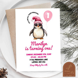 Koele Winter Roze Pinguïn Eerste Verjaardag Meisje Kaart