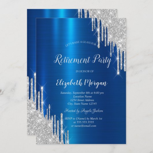 Koele zilveren glitter druppels blauw metallic kaart (Voorkant / Achterkant)