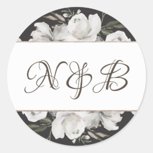  Koesteren Wit Bloemen Monogram Bruiloft Ronde Sticker