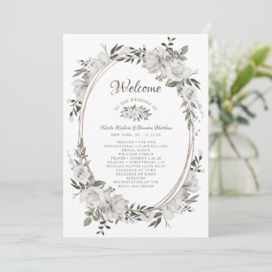 Koesteren Wit Bloemen Ovaal Bruiloft Ceremonie Programma (Staand voorkant)