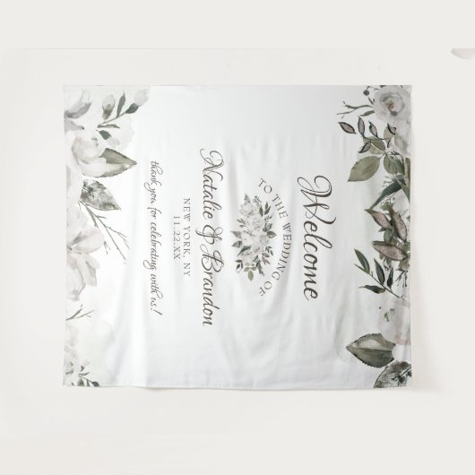 Koesteren Witte Bloemen Rozen Bruiloft Welkom Wandkleed (Voorkant (horizontaal))