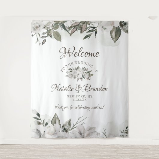  Koesteren Witte Bloemen Rozen Bruiloft Welkom Wandkleed (Voorkant)