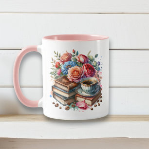 Koffie, boeken en bloemen mok
