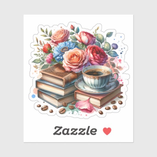  koffie, boeken en bloemen sticker (Vel)