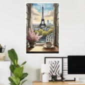 Koffie boven Paris en het Eiffeltoren Poster (Thuiskantoor)