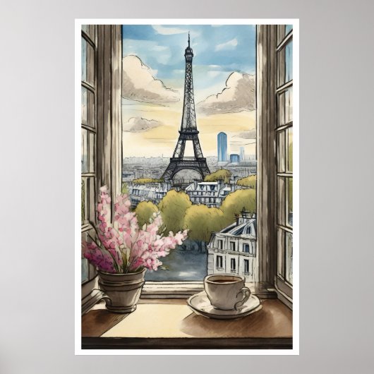 Koffie boven Paris en het Eiffeltoren Poster (Voorkant)