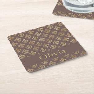 Koffie Brown & Gold Fleur De Lis gepersonaliseerd Vierkante Kartonnen Onderzetter