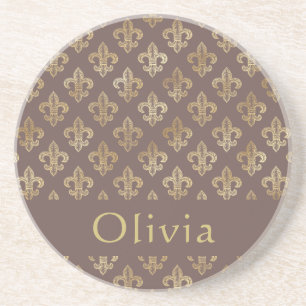 Koffie Brown & Gold Fleur De Lis gepersonaliseerd Zandsteen Onderzetter