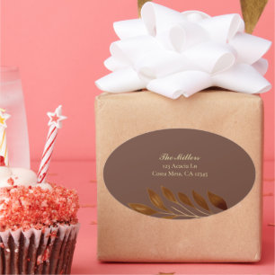 Koffie Bruin en Goud Blad Bruiloft Retouradres Ovale Sticker