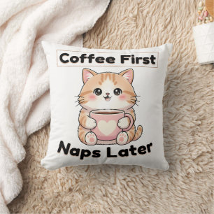 Koffie eerst, dutjes later Schattige Kat Kawaii Kussen