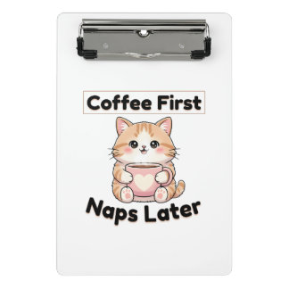 Koffie eerst, dutjes later Schattige Kat | Kawaii  Mini Klembord