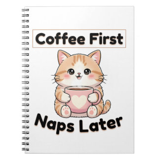 Koffie eerst, dutjes later Schattige Kat | Kawaii  Notitieboek