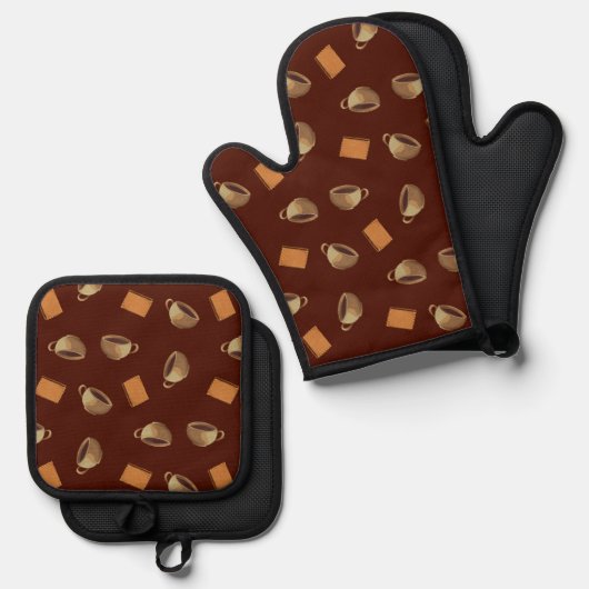 Koffie en chocolade-koekjes Pattern-bruin eten Ovenwant & Pannenlap Set (Voorkant / Achterkant)