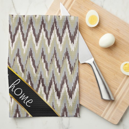 Koffie- en Sage-iKat ZigZag-patroon Theedoek (Quarter Fold)