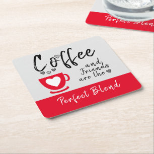 Koffie en vrienden perfect overvloeien rood vierkante kartonnen onderzetter