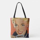 Koffie, Gelukkige Vrouw met Retro Koffiekopje Draagtas (Achterkant)