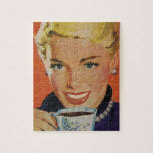  Koffie, Gelukkige Vrouw met Retro Koffiekopje Legpuzzel