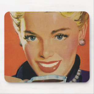  Koffie, Gelukkige Vrouw met Retro Koffiekopje Muismat