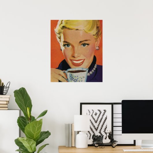  Koffie, Gelukkige Vrouw met Retro Koffiekopje Poster (Thuiskantoor)