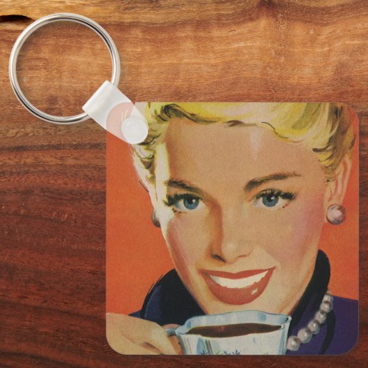 Koffie, Gelukkige Vrouw met Retro Koffiekopje Sleutelhanger (Voorkant)