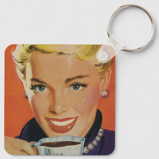  Koffie, Gelukkige Vrouw met Retro Koffiekopje Sleutelhanger (Achterkant)