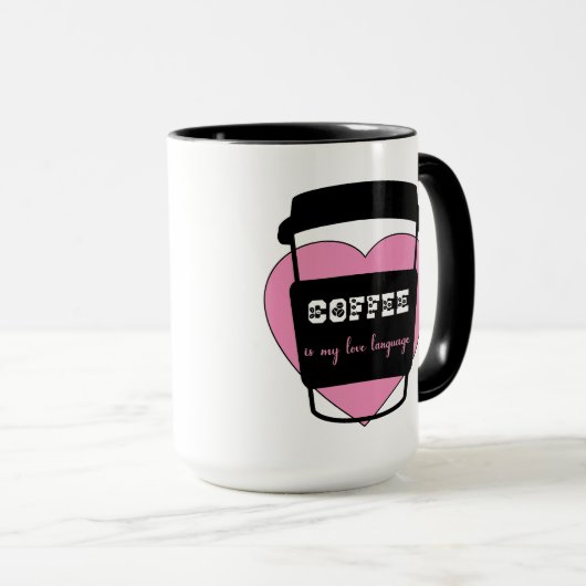 Koffie is mijn liefdestaal grappige roze hart teks mok (Voorkant rechts)