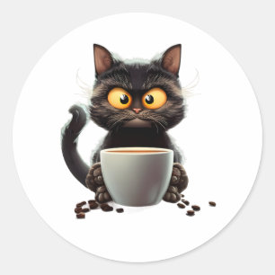 Koffie Kat  Cartoon Kleurrijk Ronde Sticker