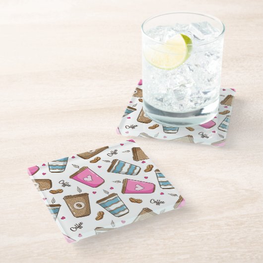 Koffie kopjes, koffiebonen, harten, koffie liefheb glazen onderzetter (Schuin)