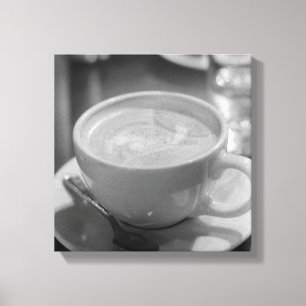 Koffie/Latte Met Lepel - Zwart-wit Foto Canvas Afdruk