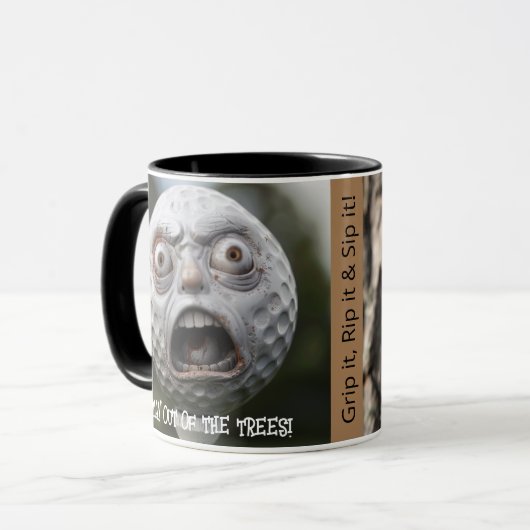 Koffie Mok Golfer, "Blijf uit de bomen!" (Voorkant links)