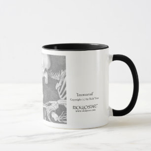 Koffie-Mok, skelet op fietsen die een libellen ach Mok