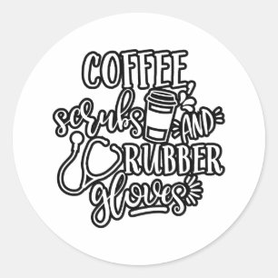 Koffie scrubs en rubber handschoenen ontwerp voor ronde sticker