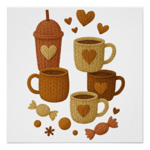 Koffie Valentijnsdag Liefde Gebreide Harten Knuffe Perfect Poster