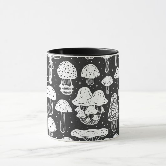 Koffie voor champignons, zwart en wit mok (Midden)