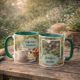 Koffie voor het tuinieren ochtendtuin foto mok