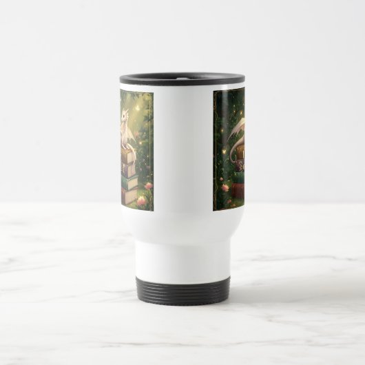 koffiebeker  draak op stapel boeken - I am booked Reisbeker (Center)