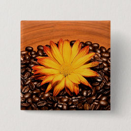 Koffiebonen en Gele Daisy Vierkante Button 5,1 Cm